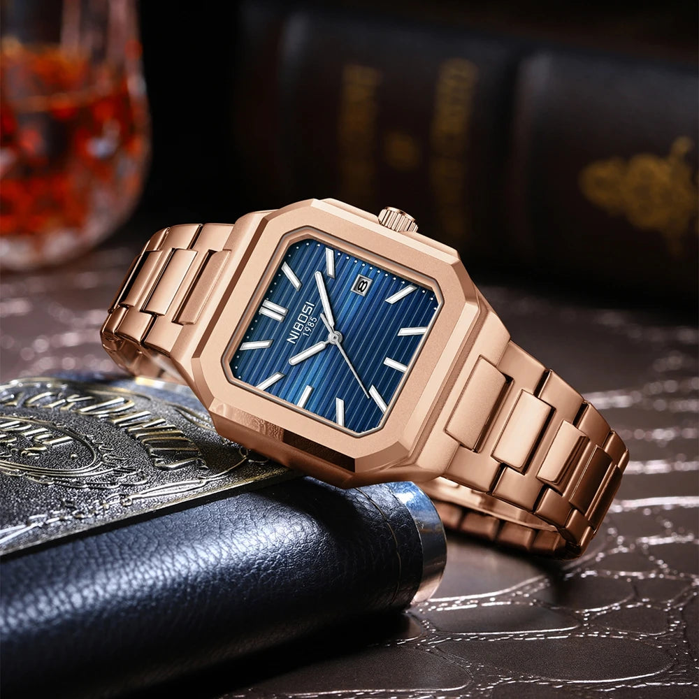 Marca NIBOSI, Reloj cuadrado a la moda, relojes de cuarzo de lujo de acero inoxidable para Hombre, Reloj luminoso resistente al agua para Hombre de negocios, Reloj para Hombre