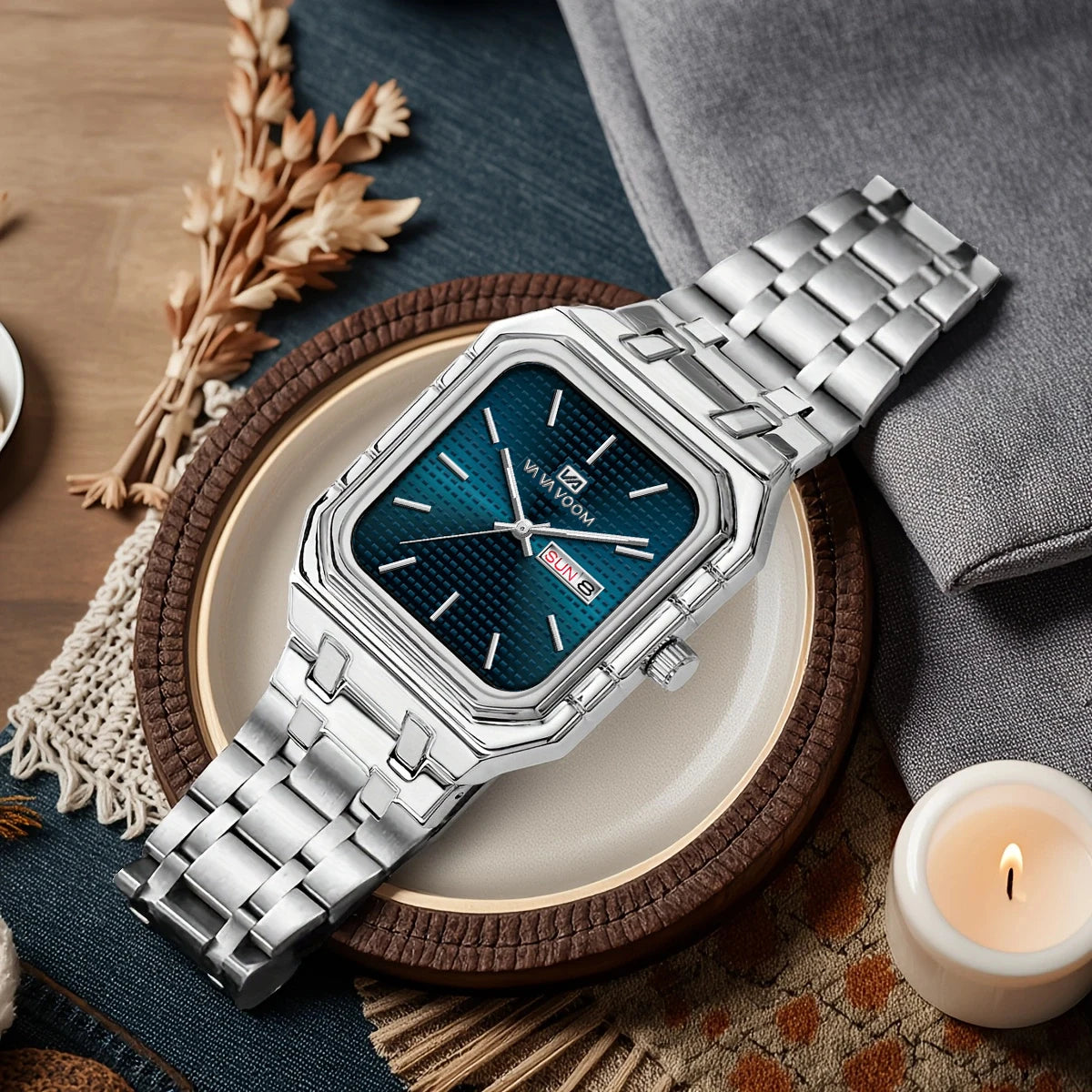Reloj VA VOOM de la mejor marca para hombre, reloj dorado de lujo con movimiento de cuarzo cuadrado, reloj de acero inoxidable, reloj de negocios con calendario Original para hombre