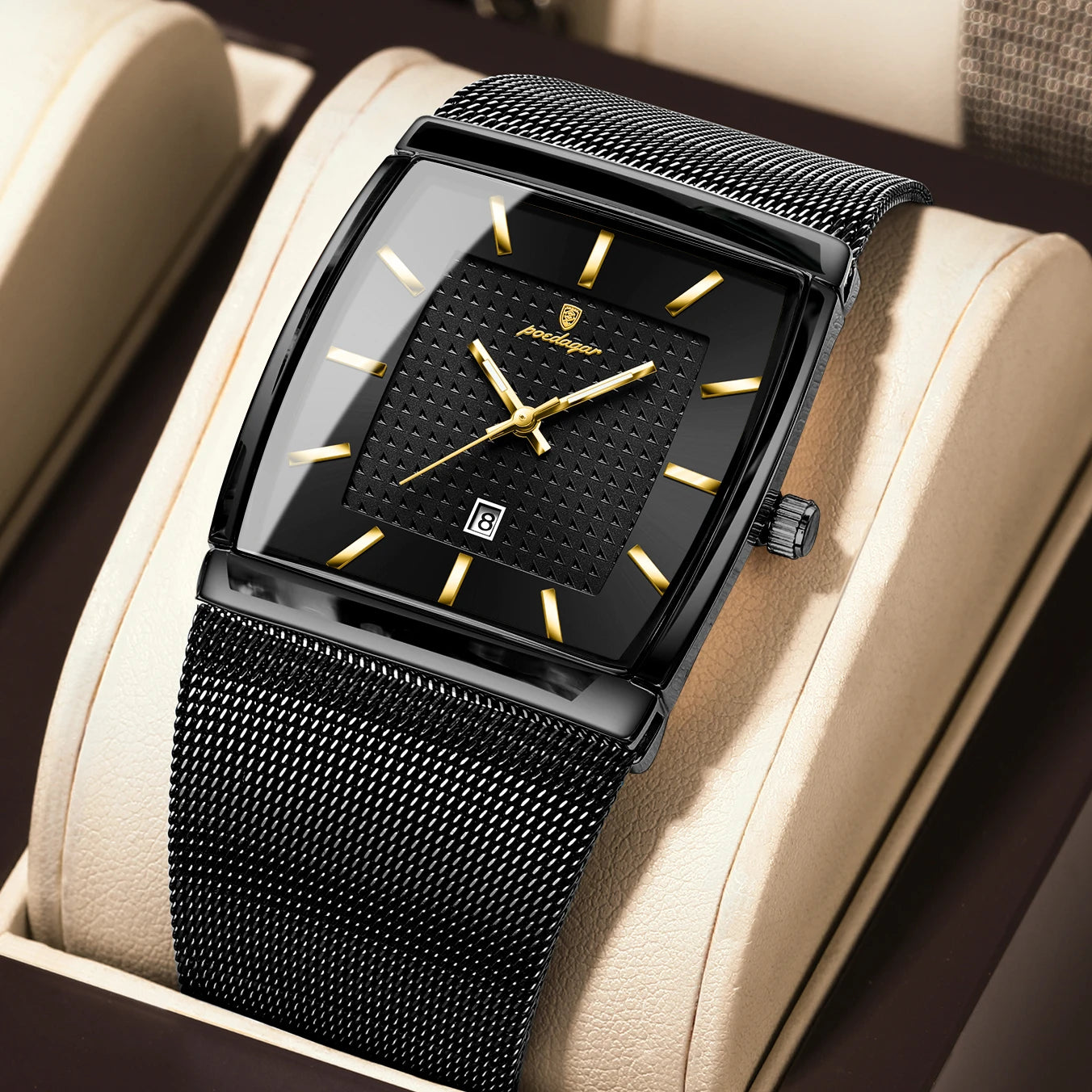 Reloj POEDAGAR Original superior para hombre, reloj de pulsera rectangular con fecha luminosa resistente al agua para hombre, relojes de cuarzo de malla de acero inoxidable para hombre