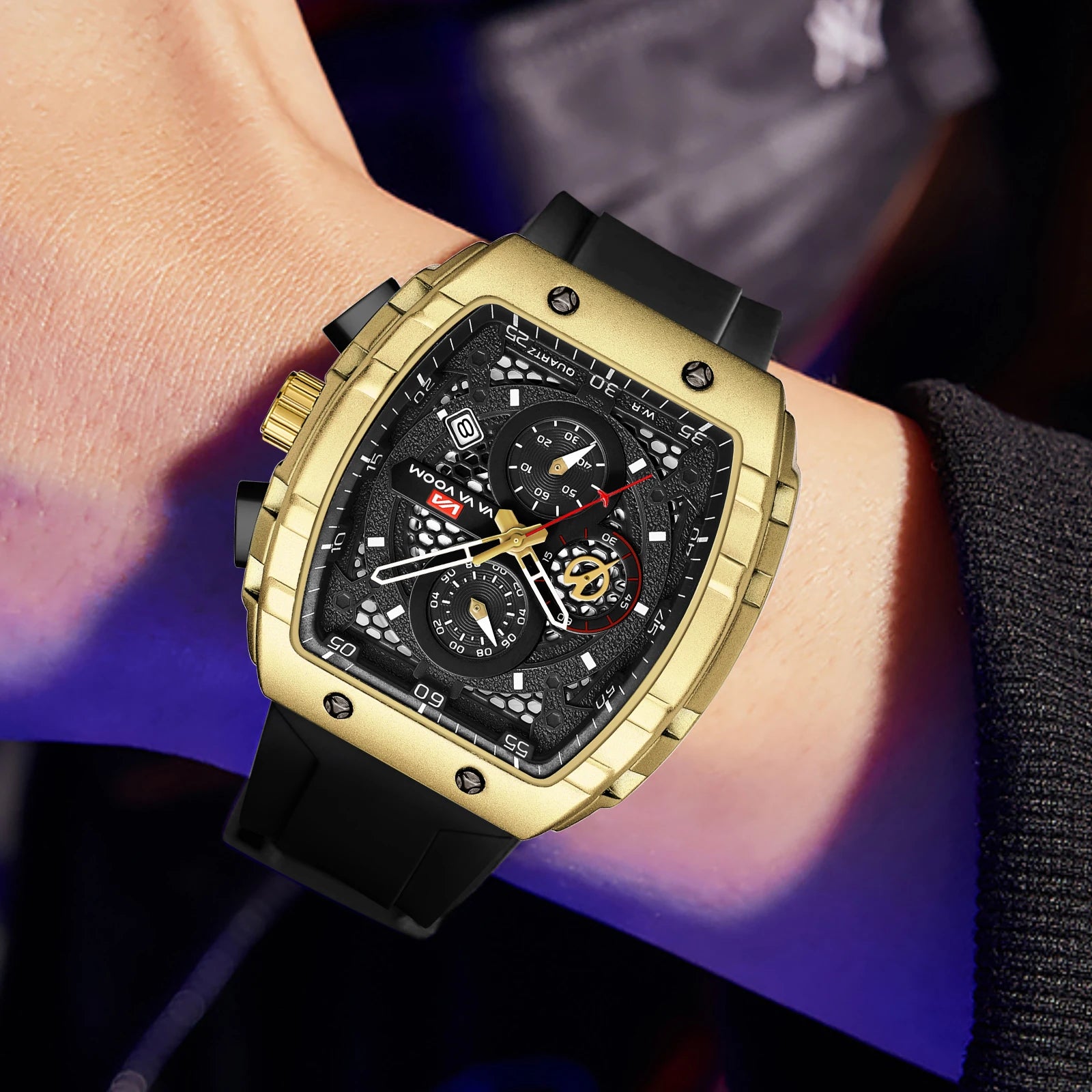 2025 nuevo reloj para hombre, movimiento de cuarzo multifuncional, esfera azul Rectangular, reloj deportivo, correa de silicona de moda informal, reloj para hombre