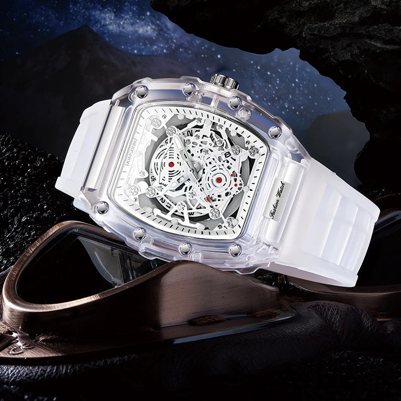 Reloj de cuarzo de silicona con forma de barril personalizado luminoso con calendario de alta gama, reloj transparente de moda para hombre
