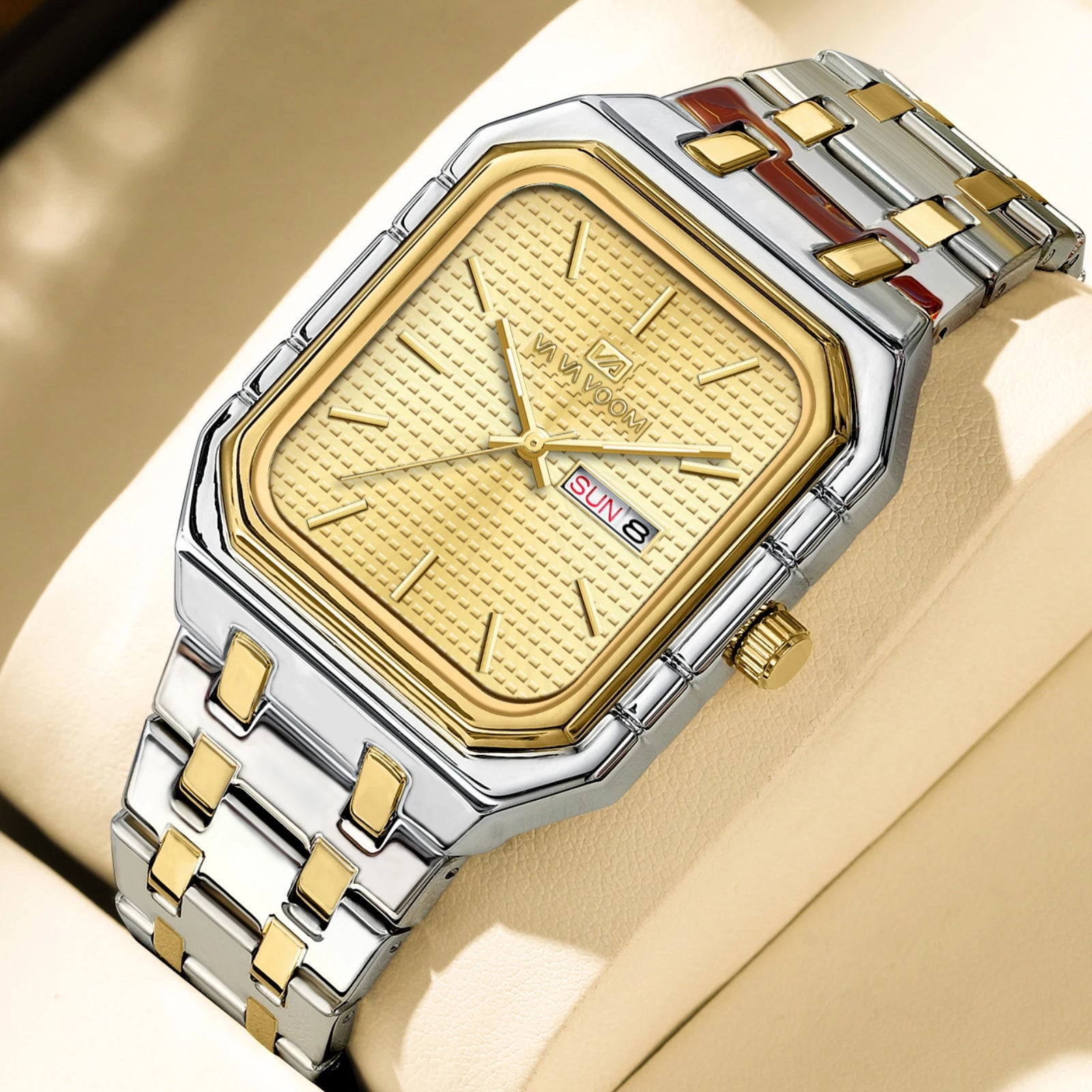 Reloj VA VOOM de la mejor marca para hombre, reloj dorado de lujo con movimiento de cuarzo cuadrado, reloj de acero inoxidable, reloj de negocios con calendario Original para hombre