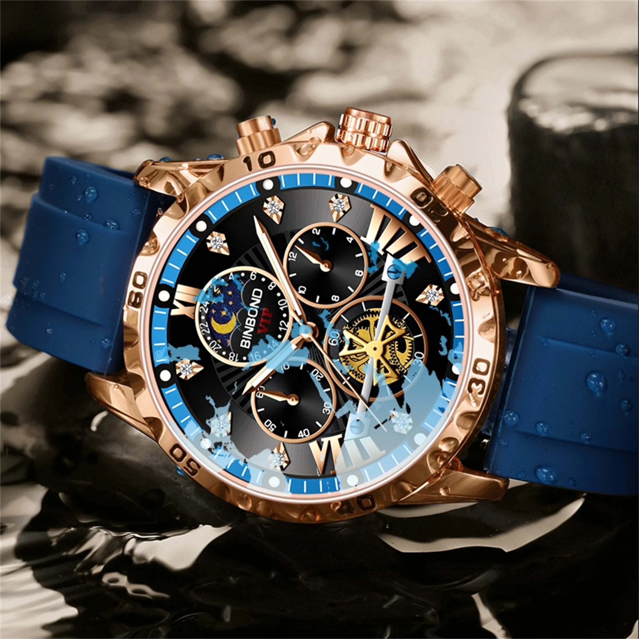 Reloj cronógrafo de moda para hombre, resistente al agua 30M, calendario, función de fecha, esfera de diamantes de imitación, deportivo, goma, cuarzo, regalo 3103