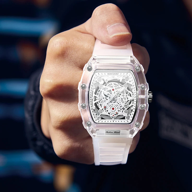 Reloj de cuarzo de silicona con forma de barril personalizado luminoso con calendario de alta gama, reloj transparente de moda para hombre
