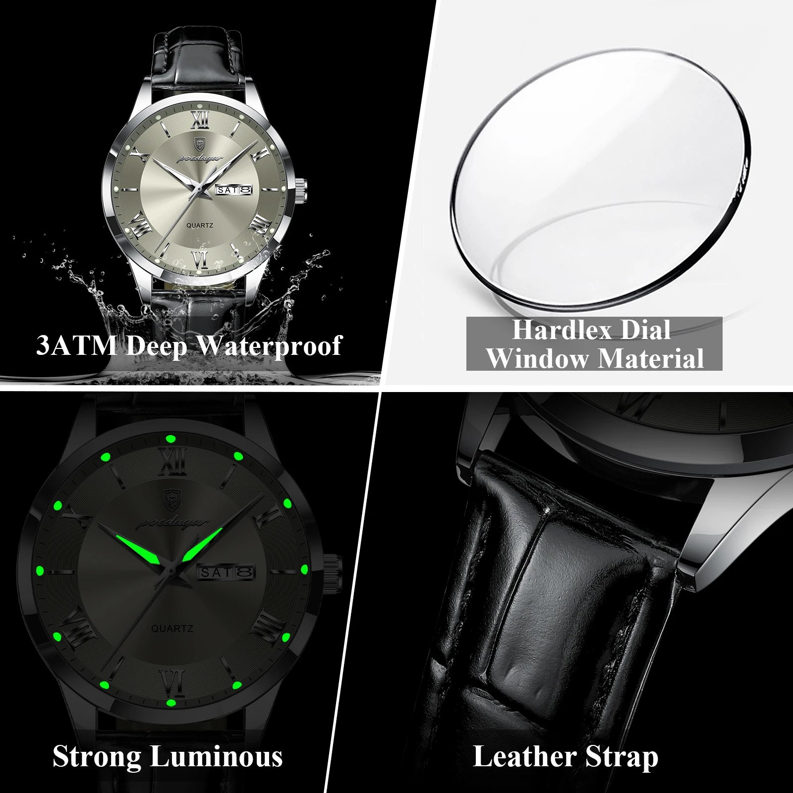 Reloj POEDAGAR de lujo para hombre, Reloj deportivo militar de cuero para hombre, Reloj de cuarzo resistente al agua luminoso con fecha y semana, Reloj para hombre + caja
