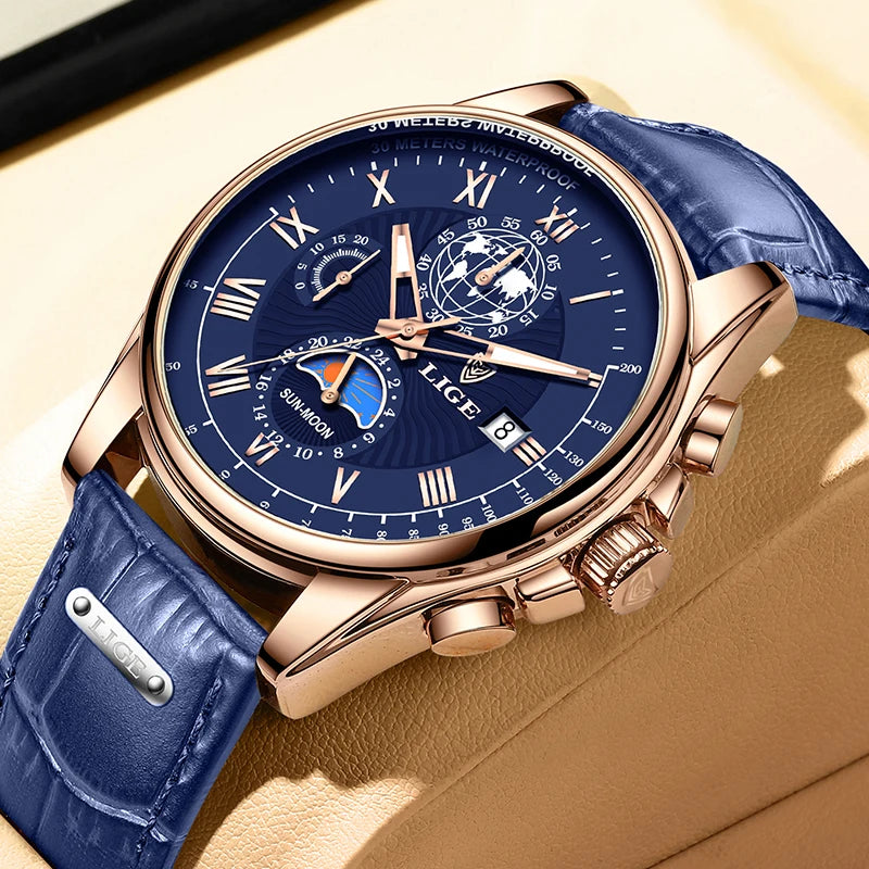2024 LIGE, nuevos relojes de cuero azul para hombre, marca superior, reloj resistente al agua de lujo para hombre, reloj de pulsera deportivo con fecha de cuarzo, reloj Masculino