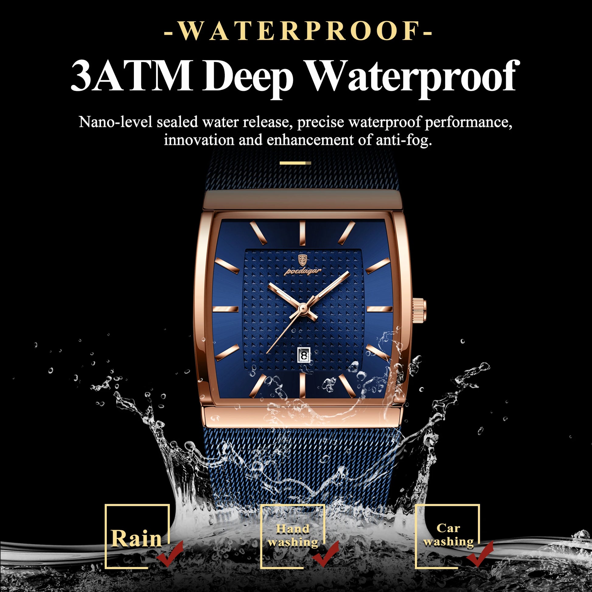 Reloj POEDAGAR Original superior para hombre, reloj de pulsera rectangular con fecha luminosa resistente al agua para hombre, relojes de cuarzo de malla de acero inoxidable para hombre