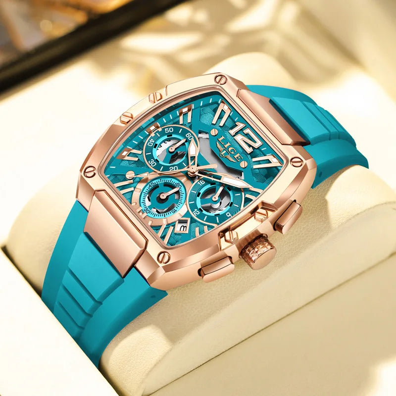 Relojes de pulsera LIGE de lujo para hombre, reloj cuadrado dorado rosa creativo para hombre, cronógrafo deportivo, reloj hueco con fecha luminosa