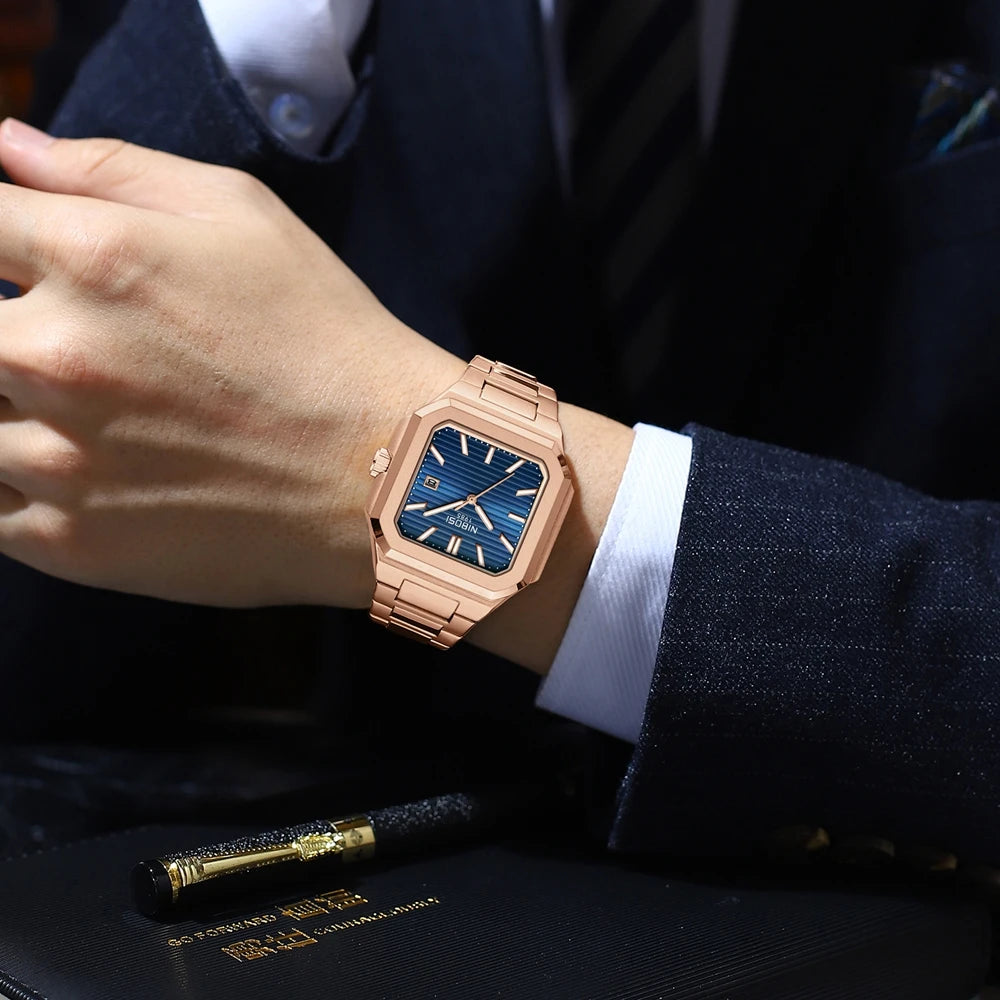 Marca NIBOSI, Reloj cuadrado a la moda, relojes de cuarzo de lujo de acero inoxidable para Hombre, Reloj luminoso resistente al agua para Hombre de negocios, Reloj para Hombre