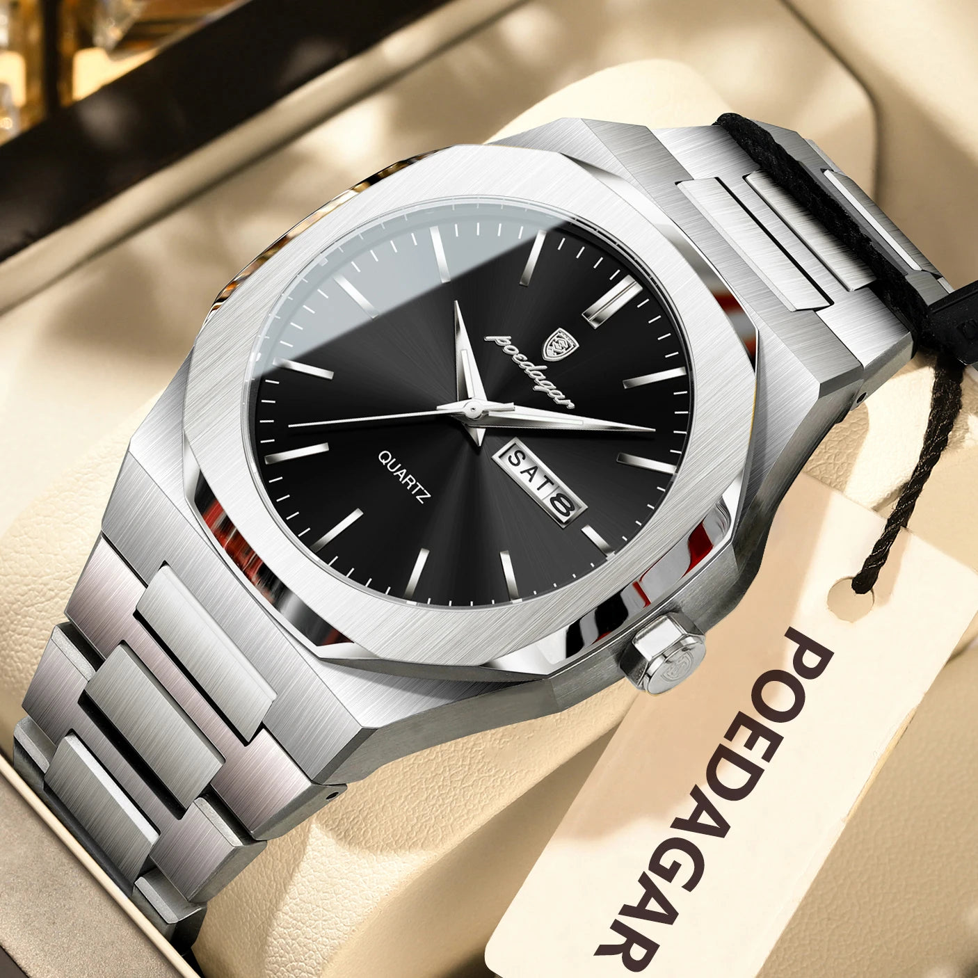 Reloj POEDAGAR de marca a la moda para hombre, relojes luminosos resistentes al agua de acero inoxidable para hombre, Reloj informal de cuarzo con fecha y semana para hombre
