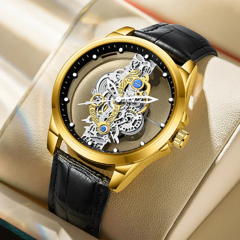 Reloj UTHAI para hombre, tendencia deportiva, doble cara, transparente, de acero hueco, resistente al agua, luminoso, reloj de pulsera de cuarzo a la moda para hombre