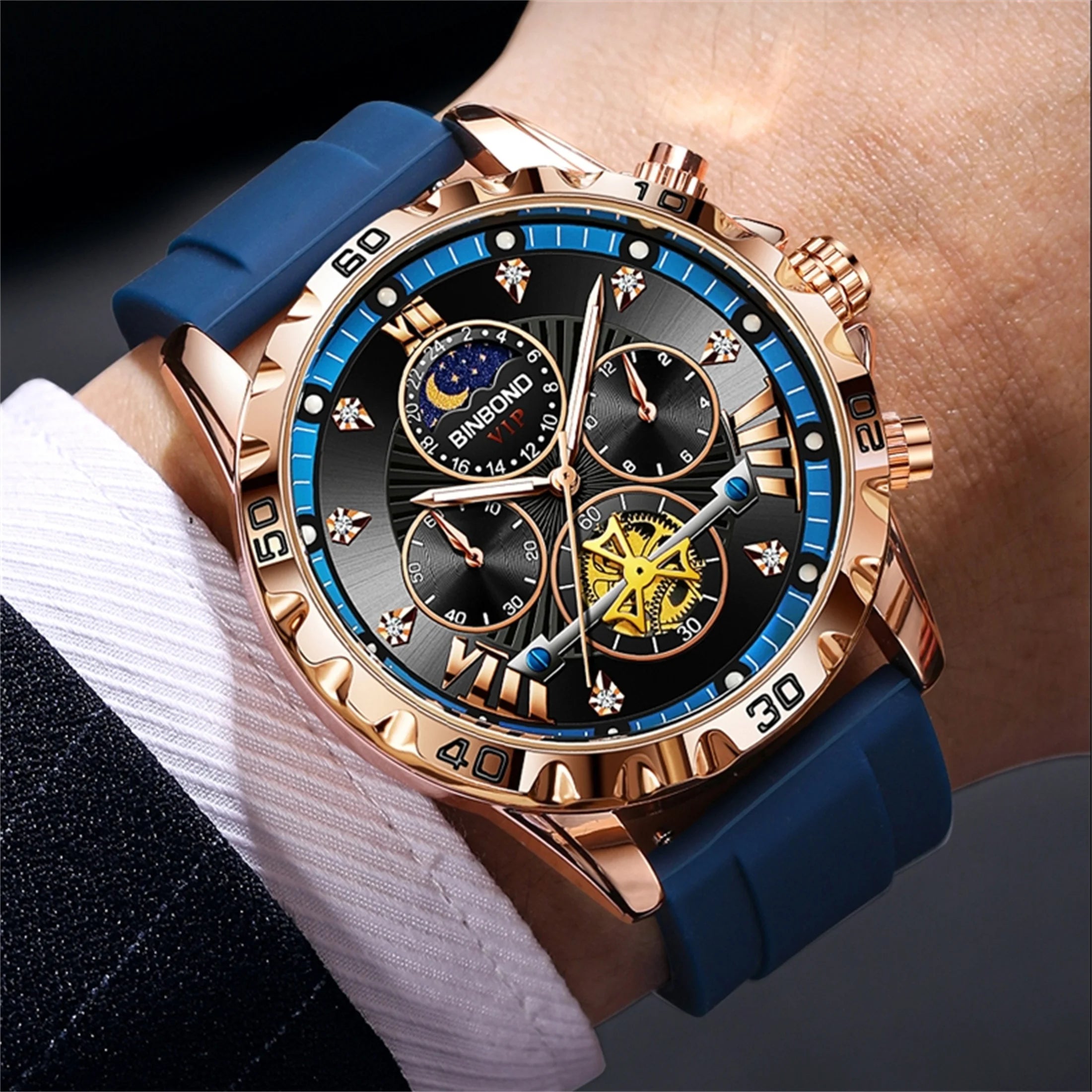 Reloj cronógrafo de moda para hombre, resistente al agua 30M, calendario, función de fecha, esfera de diamantes de imitación, deportivo, goma, cuarzo, regalo 3103