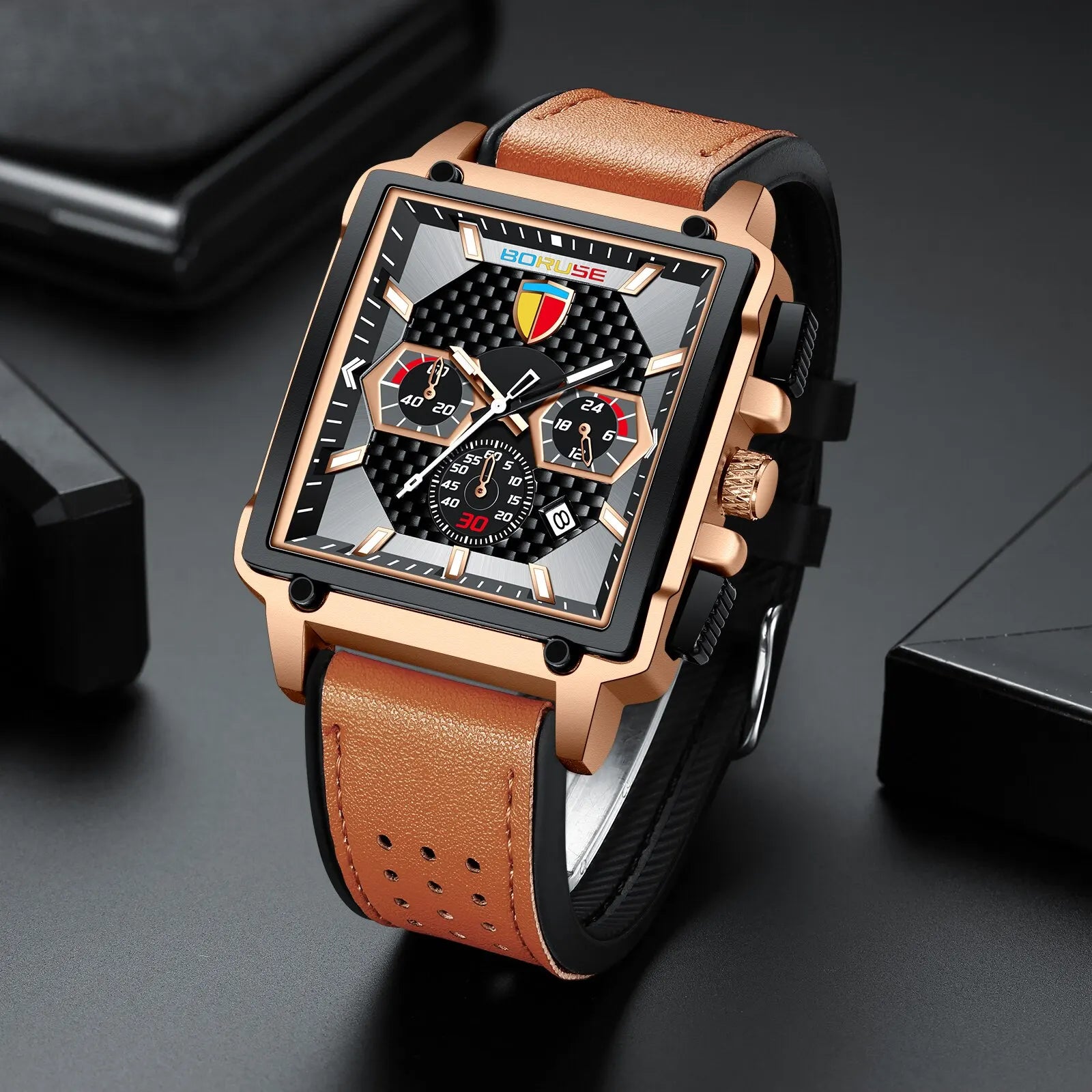 BORUSE-reloj de cuarzo deportivo para hombre, cronógrafo de pulsera, resistente al agua, con fecha, marca superior de negocios, de lujo, con caja