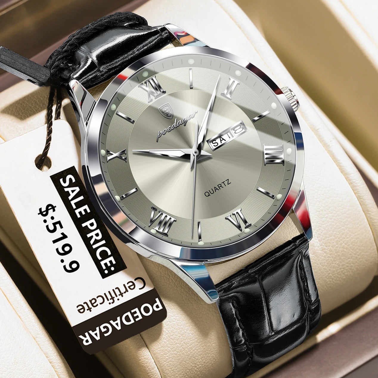 Reloj POEDAGAR de lujo para hombre, Reloj deportivo militar de cuero para hombre, Reloj de cuarzo resistente al agua luminoso con fecha y semana, Reloj para hombre + caja