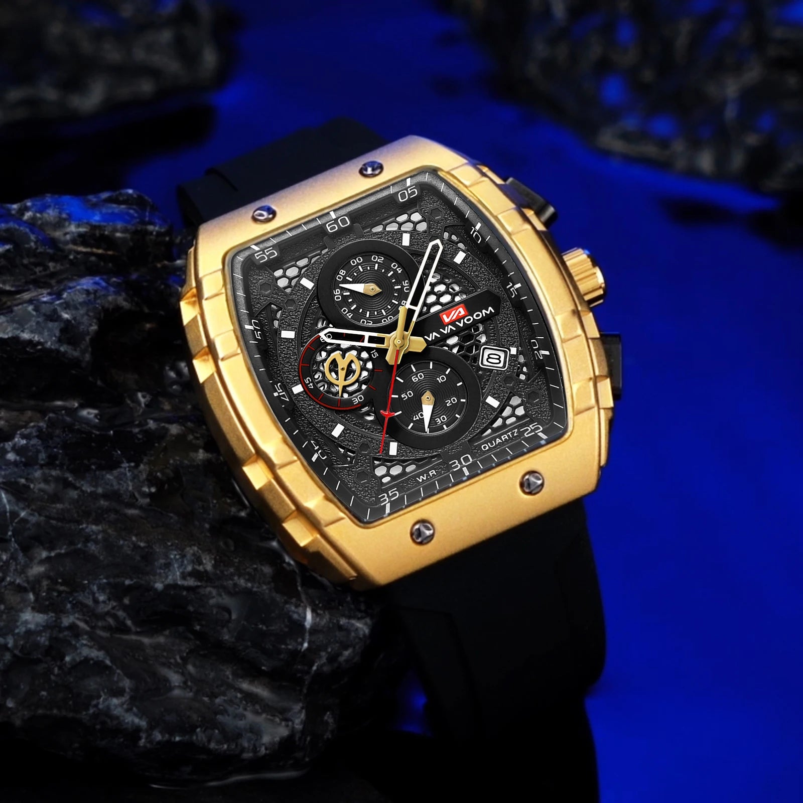 2025 nuevo reloj para hombre, movimiento de cuarzo multifuncional, esfera azul Rectangular, reloj deportivo, correa de silicona de moda informal, reloj para hombre