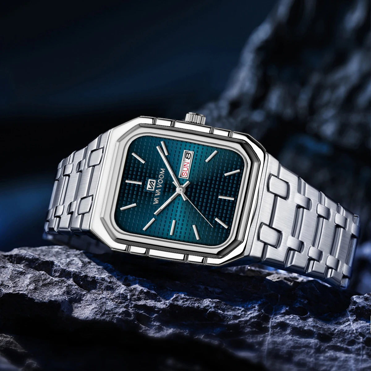 Reloj cuadrado para hombre con correa de acero inoxidable de negocios lujosa y a la moda, relojes de cuarzo con calendario Dual originales en oro azul para hombre