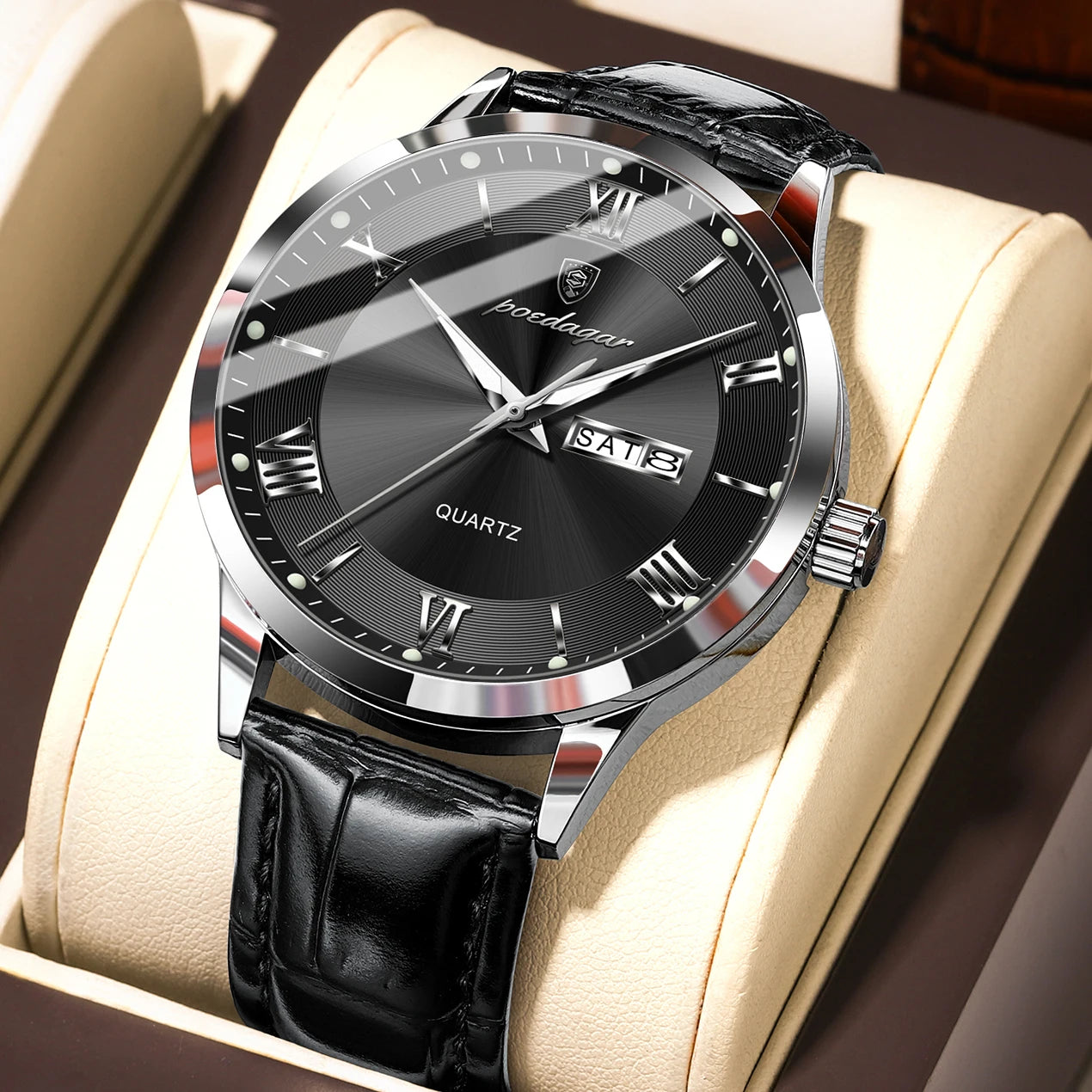 Reloj POEDAGAR de lujo para hombre, Reloj deportivo militar de cuero para hombre, Reloj de cuarzo resistente al agua luminoso con fecha y semana, Reloj para hombre + caja