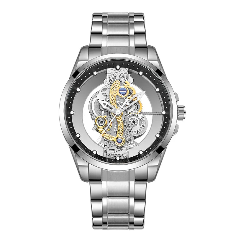 Reloj UTHAI para hombre, tendencia deportiva, doble cara, transparente, de acero hueco, resistente al agua, luminoso, reloj de pulsera de cuarzo a la moda para hombre