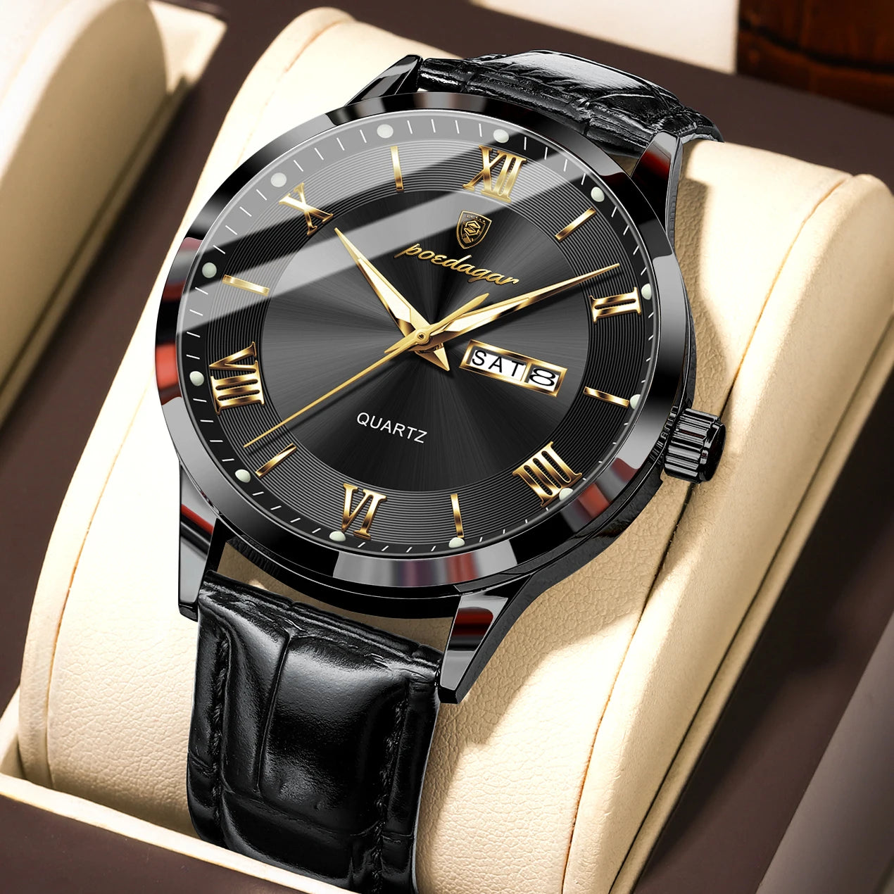Reloj POEDAGAR de lujo para hombre, Reloj deportivo militar de cuero para hombre, Reloj de cuarzo resistente al agua luminoso con fecha y semana, Reloj para hombre + caja