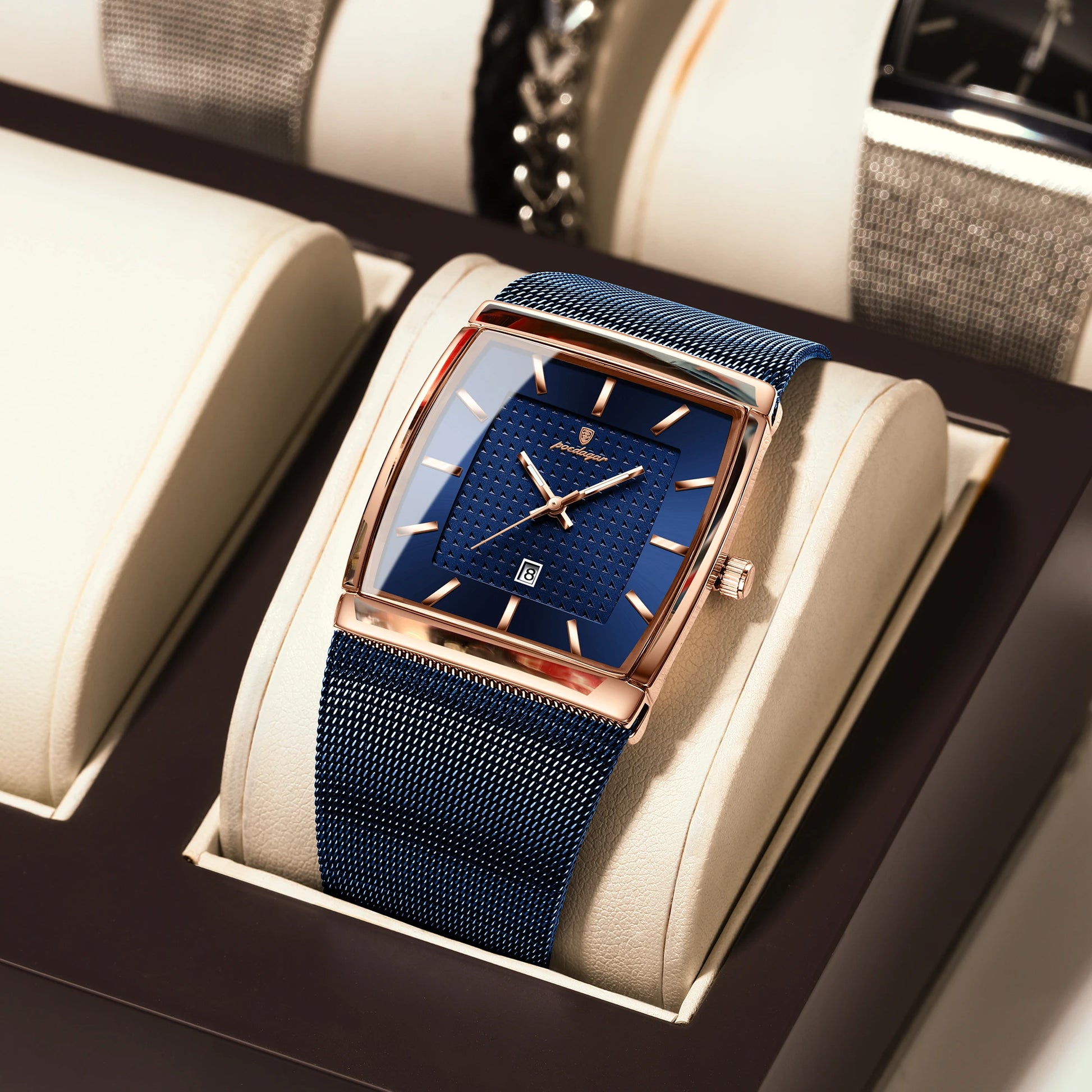 Reloj POEDAGAR Original superior para hombre, reloj de pulsera rectangular con fecha luminosa resistente al agua para hombre, relojes de cuarzo de malla de acero inoxidable para hombre