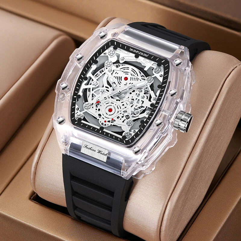 Reloj de cuarzo de silicona con forma de barril personalizado luminoso con calendario de alta gama, reloj transparente de moda para hombre
