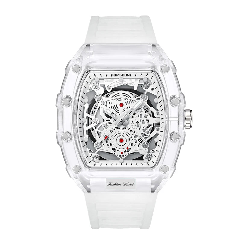 Reloj de cuarzo de silicona con forma de barril personalizado luminoso con calendario de alta gama, reloj transparente de moda para hombre