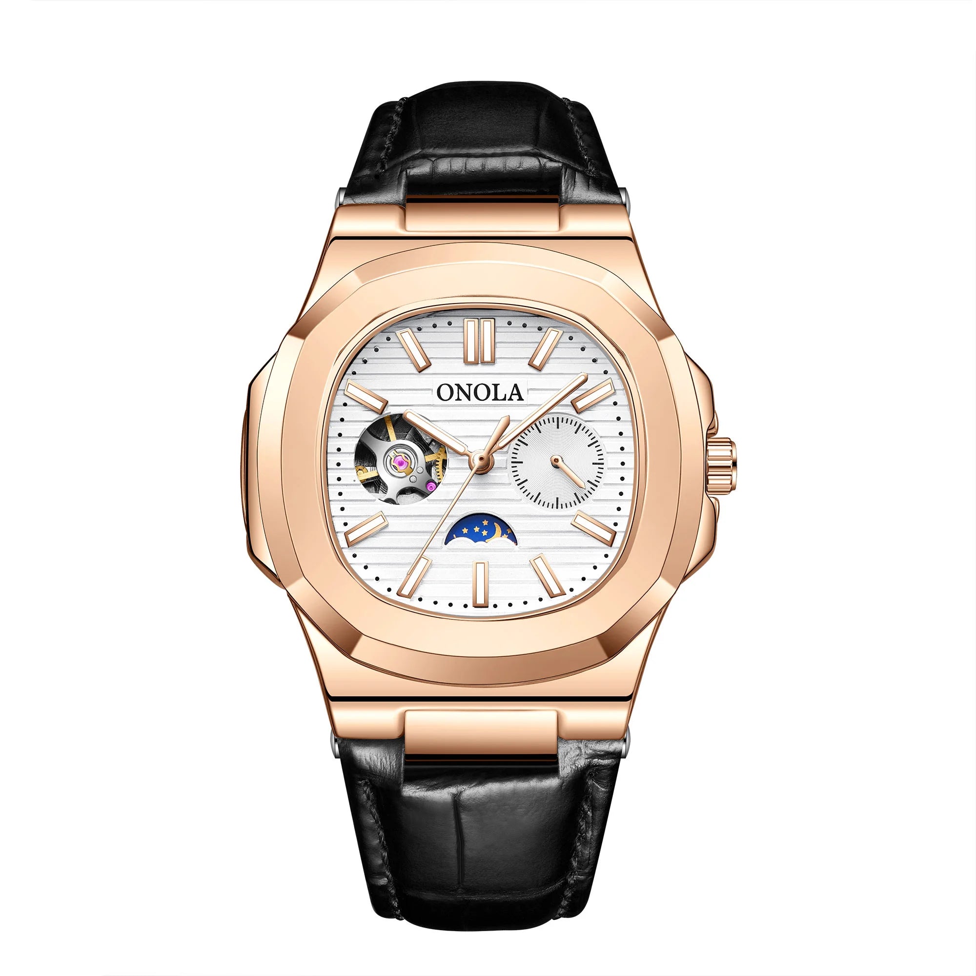 ONOLA-reloj mecánico totalmente automático para hombre, cronógrafo de cuero, resistente al agua, de alta calidad