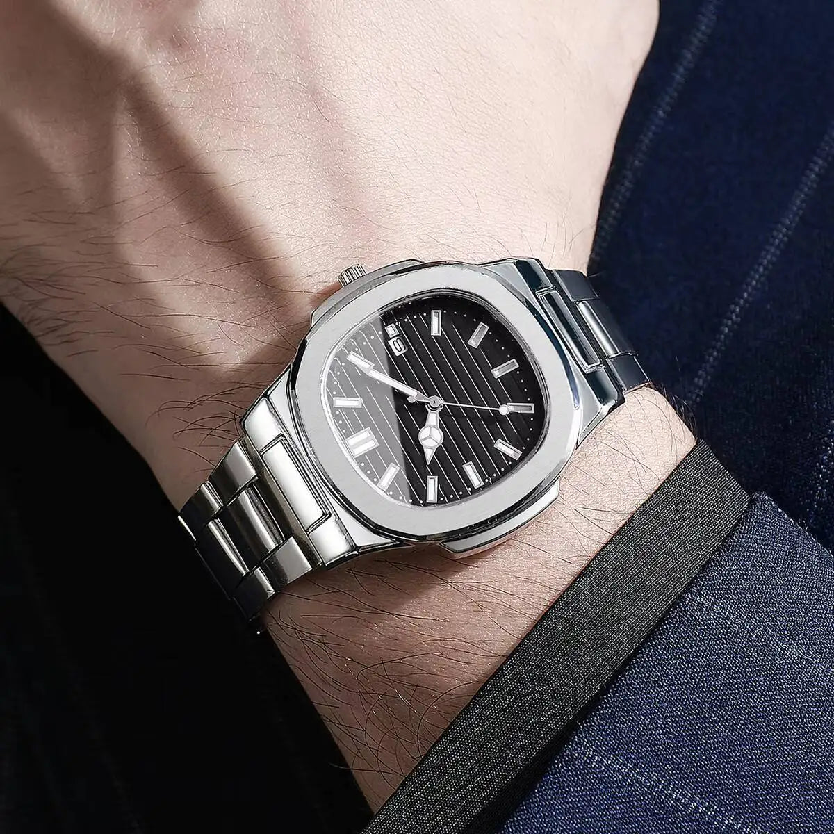 2/4 Uds. Conjunto de relojes de negocios cuadrados a la moda para Hombre, Reloj de cuarzo con calendario y correa de acero inoxidable, Reloj para Hombre (sin caja)