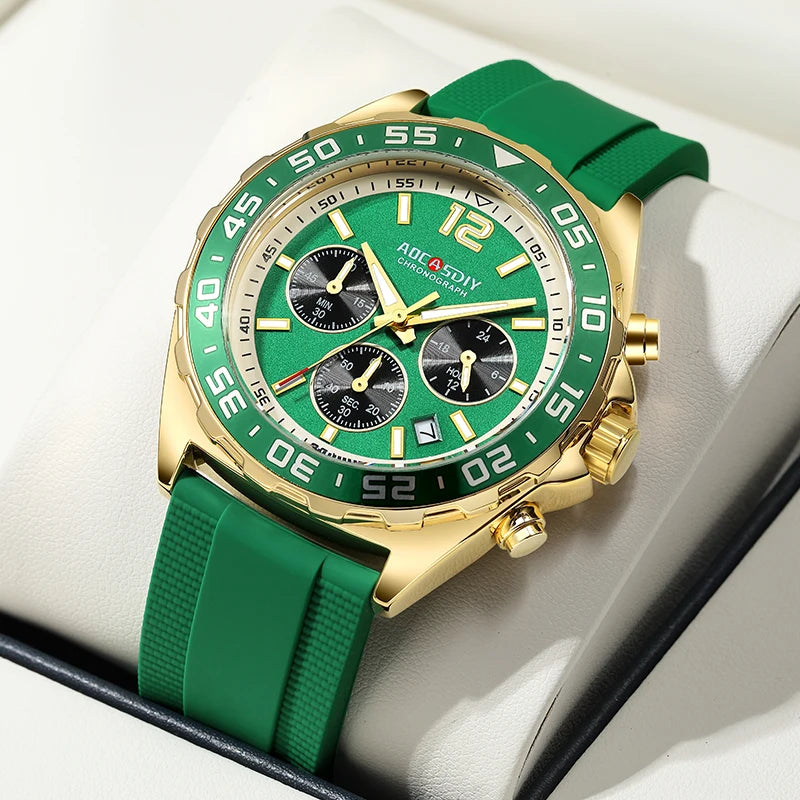 Reloj de cuarzo para hombre, cronógrafo con revestimiento dorado, movimiento japonés, esfera negra y verde
