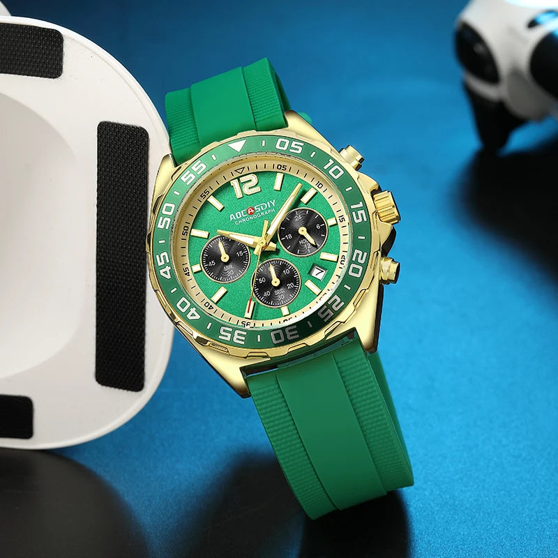 Reloj de cuarzo para hombre, cronógrafo con revestimiento dorado, movimiento japonés, esfera negra y verde