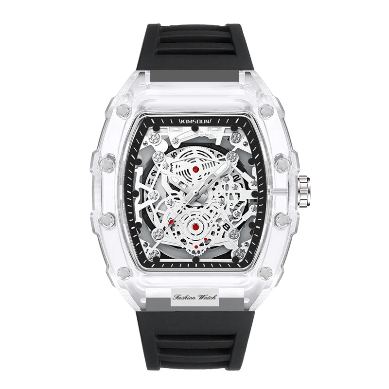 Reloj de cuarzo de silicona con forma de barril personalizado luminoso con calendario de alta gama, reloj transparente de moda para hombre