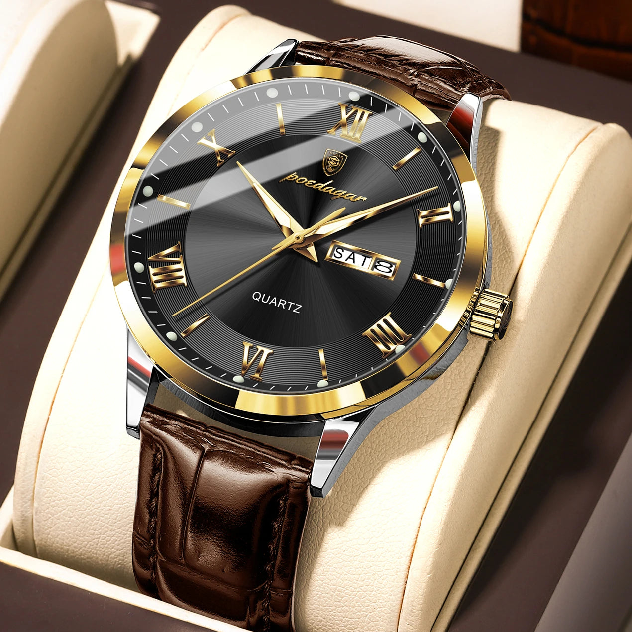 Reloj POEDAGAR de lujo para hombre, Reloj deportivo militar de cuero para hombre, Reloj de cuarzo resistente al agua luminoso con fecha y semana, Reloj para hombre + caja