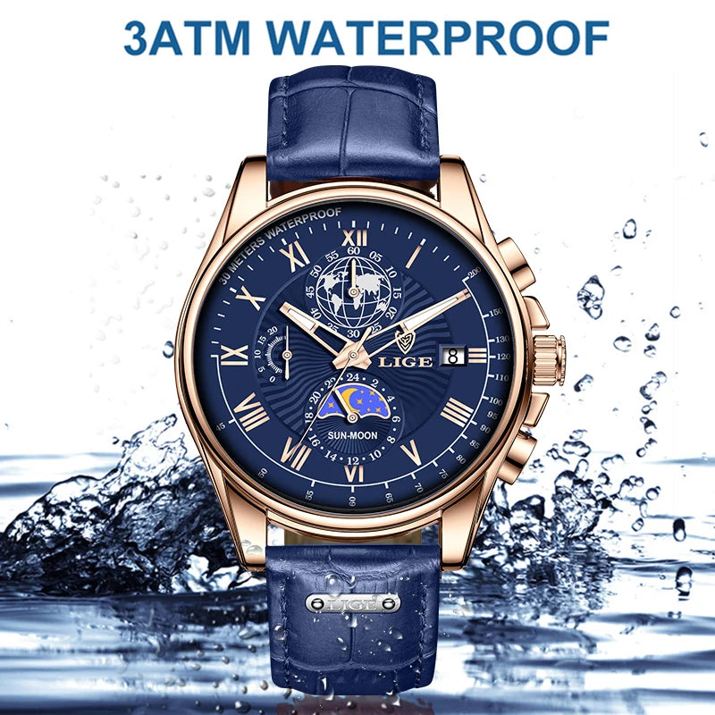 2024 LIGE, nuevos relojes de cuero azul para hombre, marca superior, reloj resistente al agua de lujo para hombre, reloj de pulsera deportivo con fecha de cuarzo, reloj Masculino