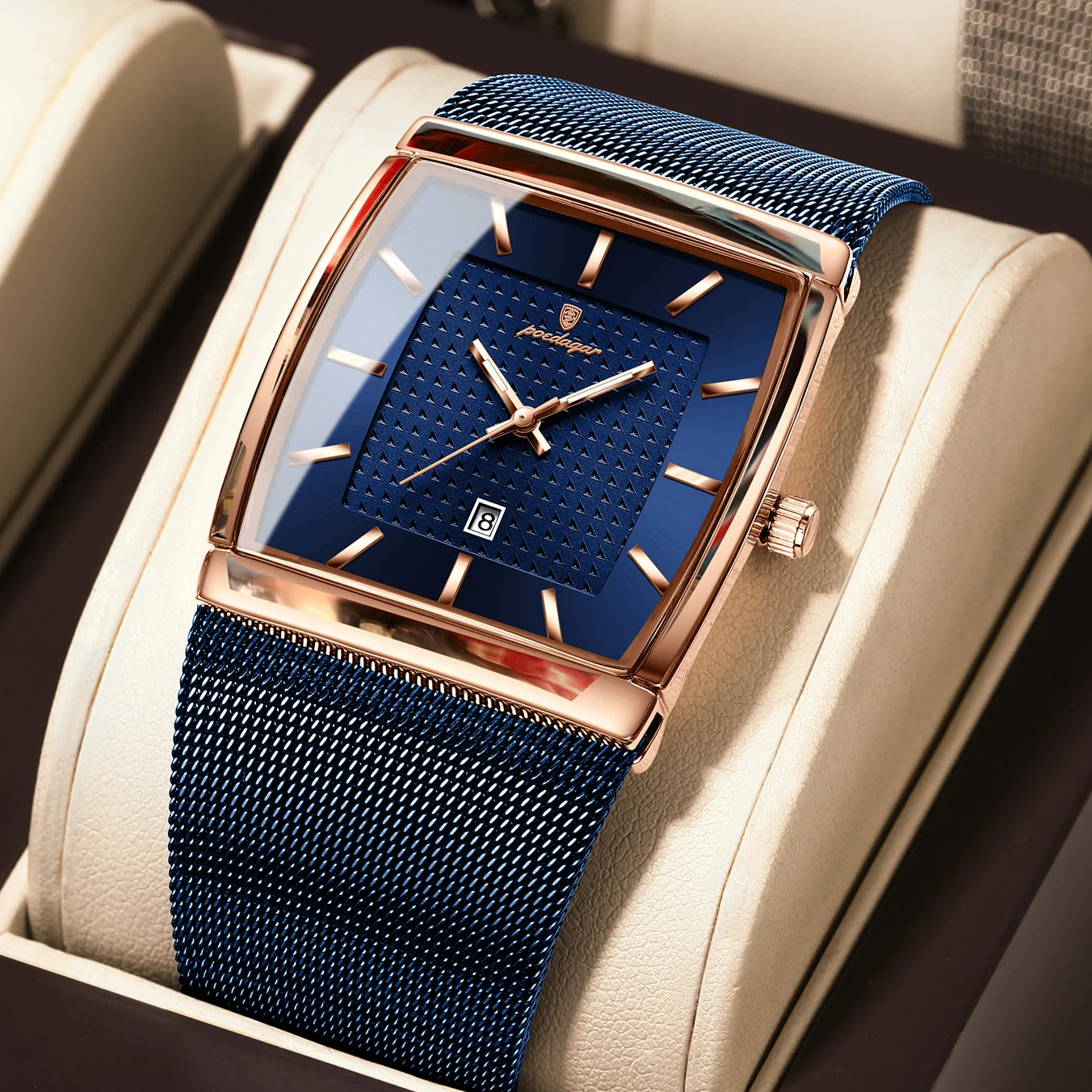 Reloj POEDAGAR Original superior para hombre, reloj de pulsera rectangular con fecha luminosa resistente al agua para hombre, relojes de cuarzo de malla de acero inoxidable para hombre