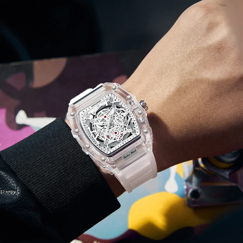 Reloj de cuarzo de silicona con forma de barril personalizado luminoso con calendario de alta gama, reloj transparente de moda para hombre