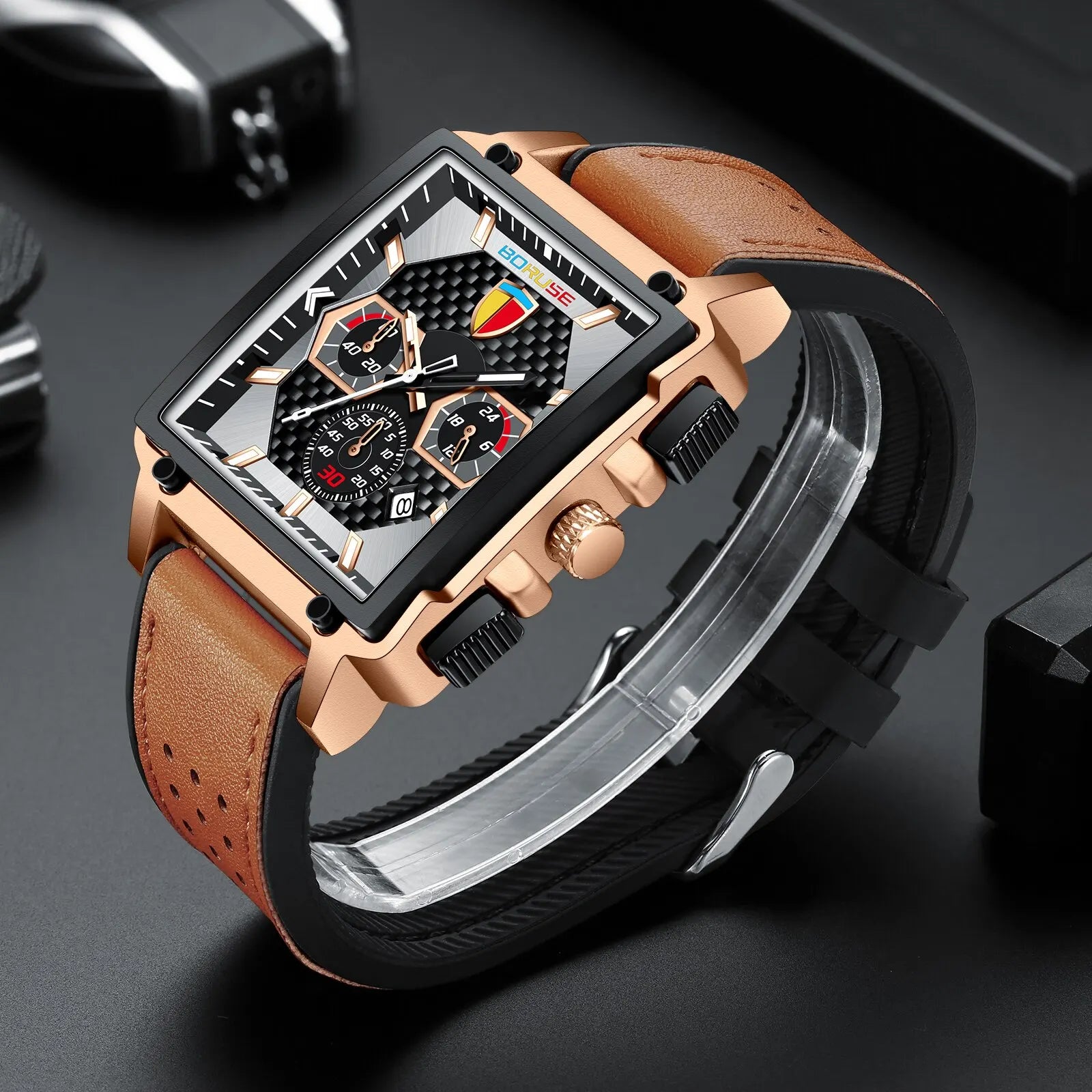 BORUSE-reloj de cuarzo deportivo para hombre, cronógrafo de pulsera, resistente al agua, con fecha, marca superior de negocios, de lujo, con caja