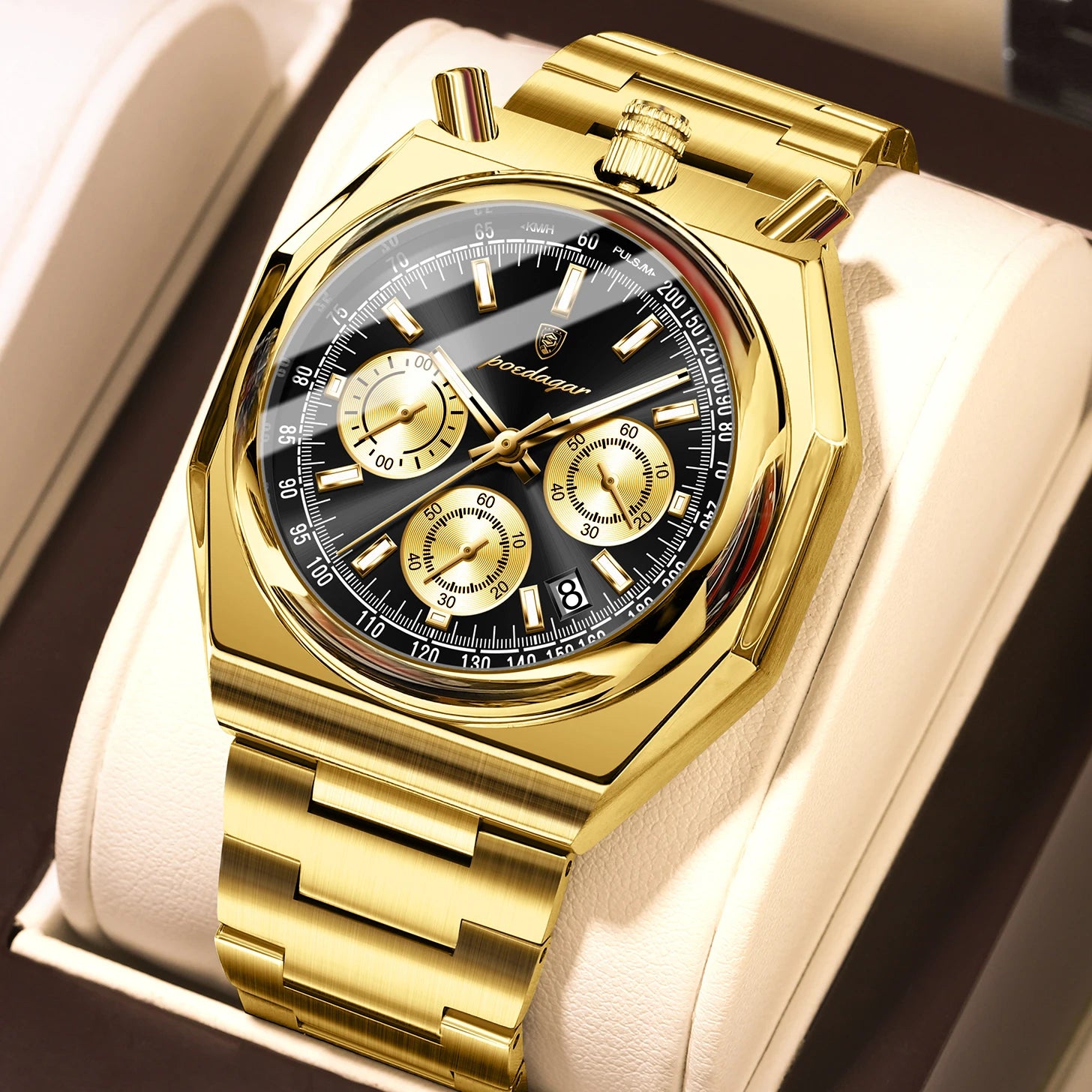 Reloj de pulsera POEDAGAR de lujo para hombre, reloj de pulsera de acero inoxidable con fecha luminosa a la moda para hombre, cronógrafo, relojes de cuarzo de alta calidad para hombre