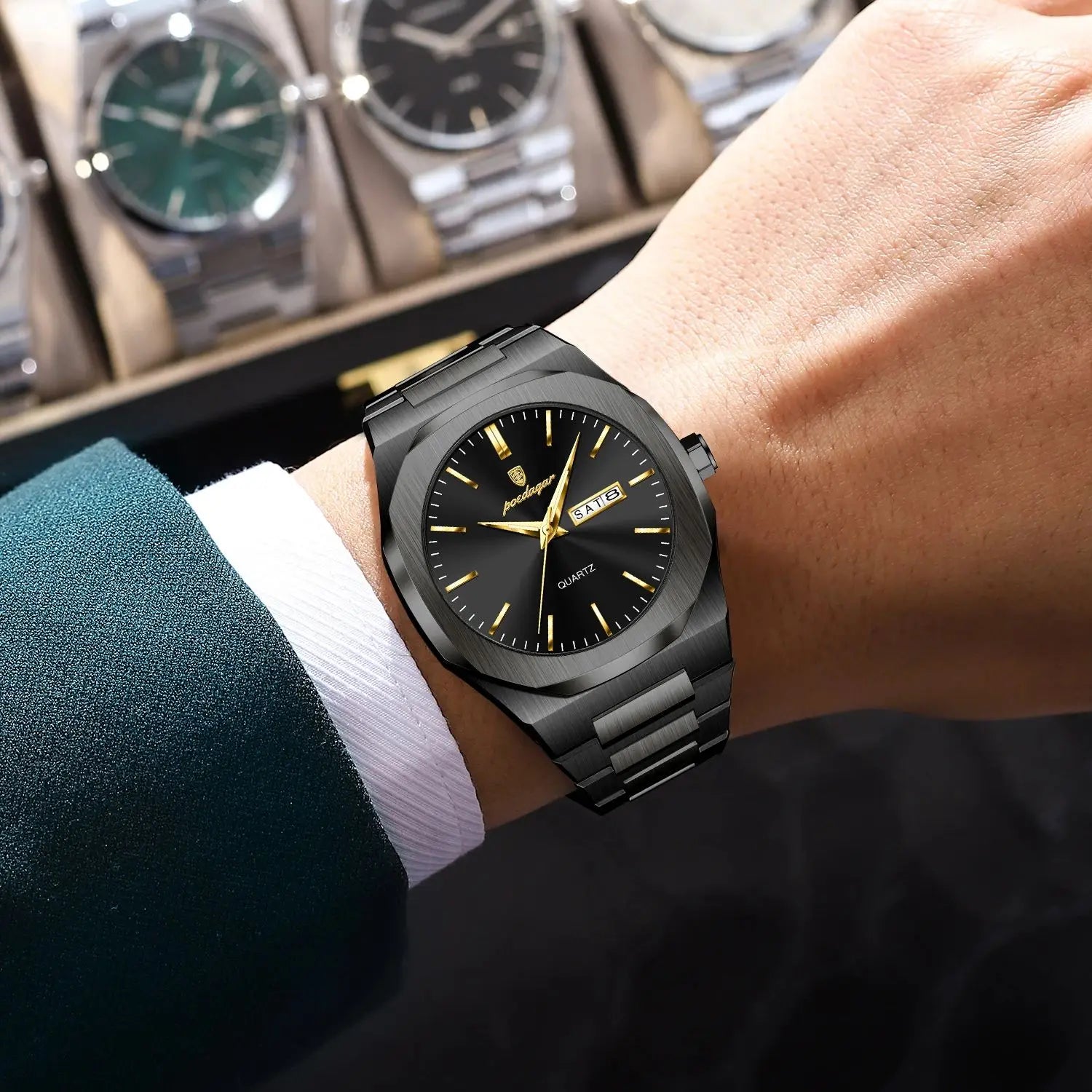Reloj POEDAGAR de marca a la moda para hombre, relojes luminosos resistentes al agua de acero inoxidable para hombre, Reloj informal de cuarzo con fecha y semana para hombre