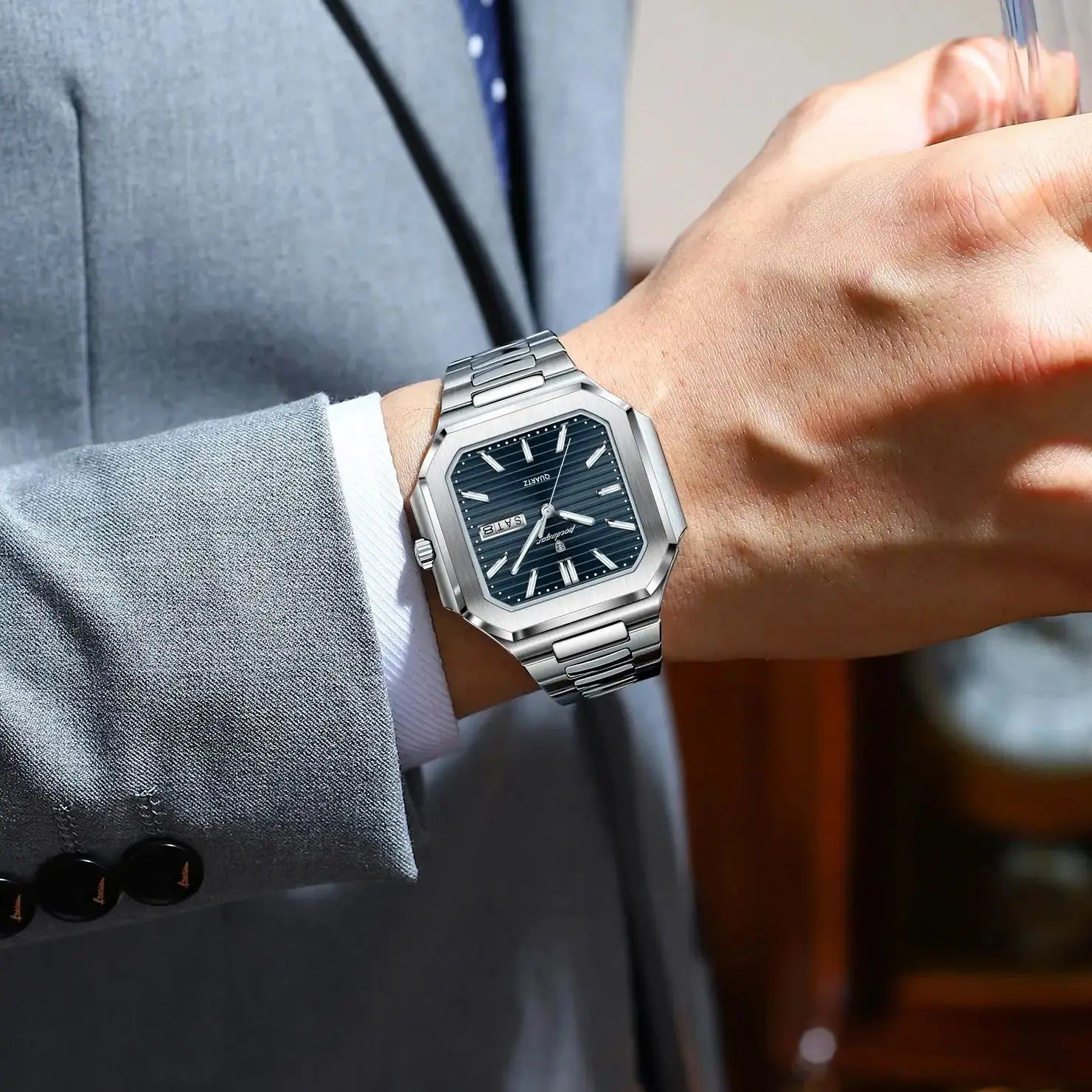 Reloj de pulsera POEDAGAR cuadrado de lujo a la moda para hombre, resistente al agua, luminoso, con fecha y semana, relojes de cuarzo para hombre, Reloj de acero inoxidable para hombre