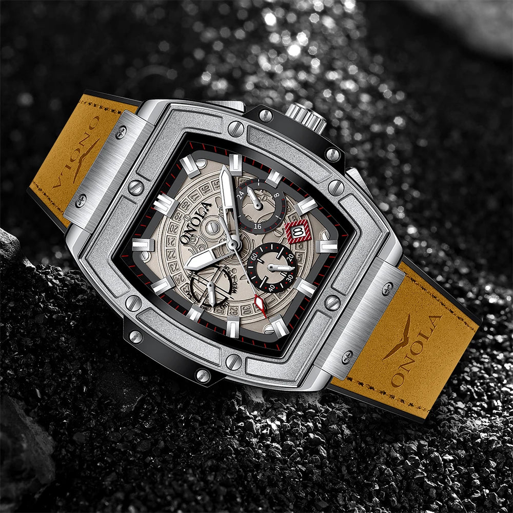 Relojes de lujo a la moda con diseño clásico en forma de barril para hombre ONOLA, reloj de cuarzo de cuero informal resistente al agua multifuncional para hombre
