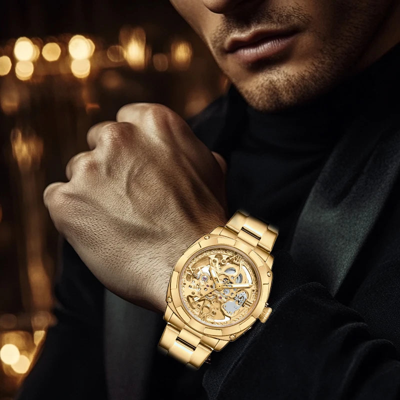 LONGLUX 2025New reloj mecánico automático para hombre, relojes de lujo, esqueleto resistente al agua, reloj de regalo de acero inoxidable al por mayor para negocios