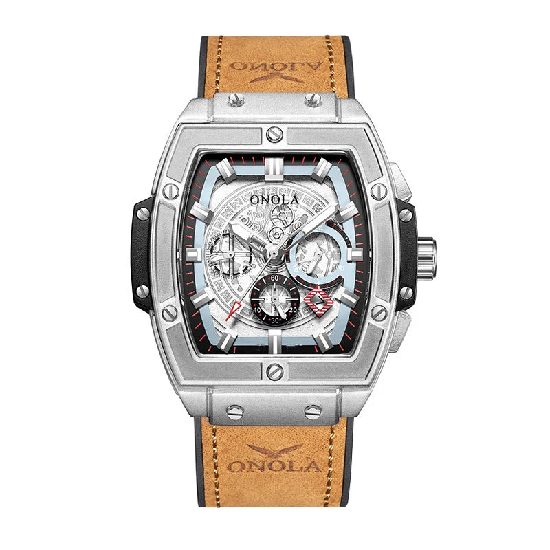 Relojes de lujo a la moda con diseño clásico en forma de barril para hombre ONOLA, reloj de cuarzo de cuero informal resistente al agua multifuncional para hombre