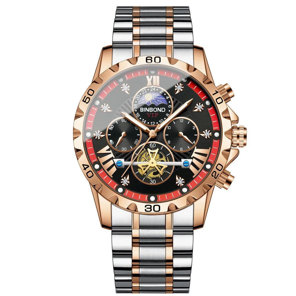 Reloj de marca superior para hombre, auténtico reloj de pulsera de cuarzo con luz nocturna de negocios de alta gama, resistente al agua, volante dorado, correa de acero