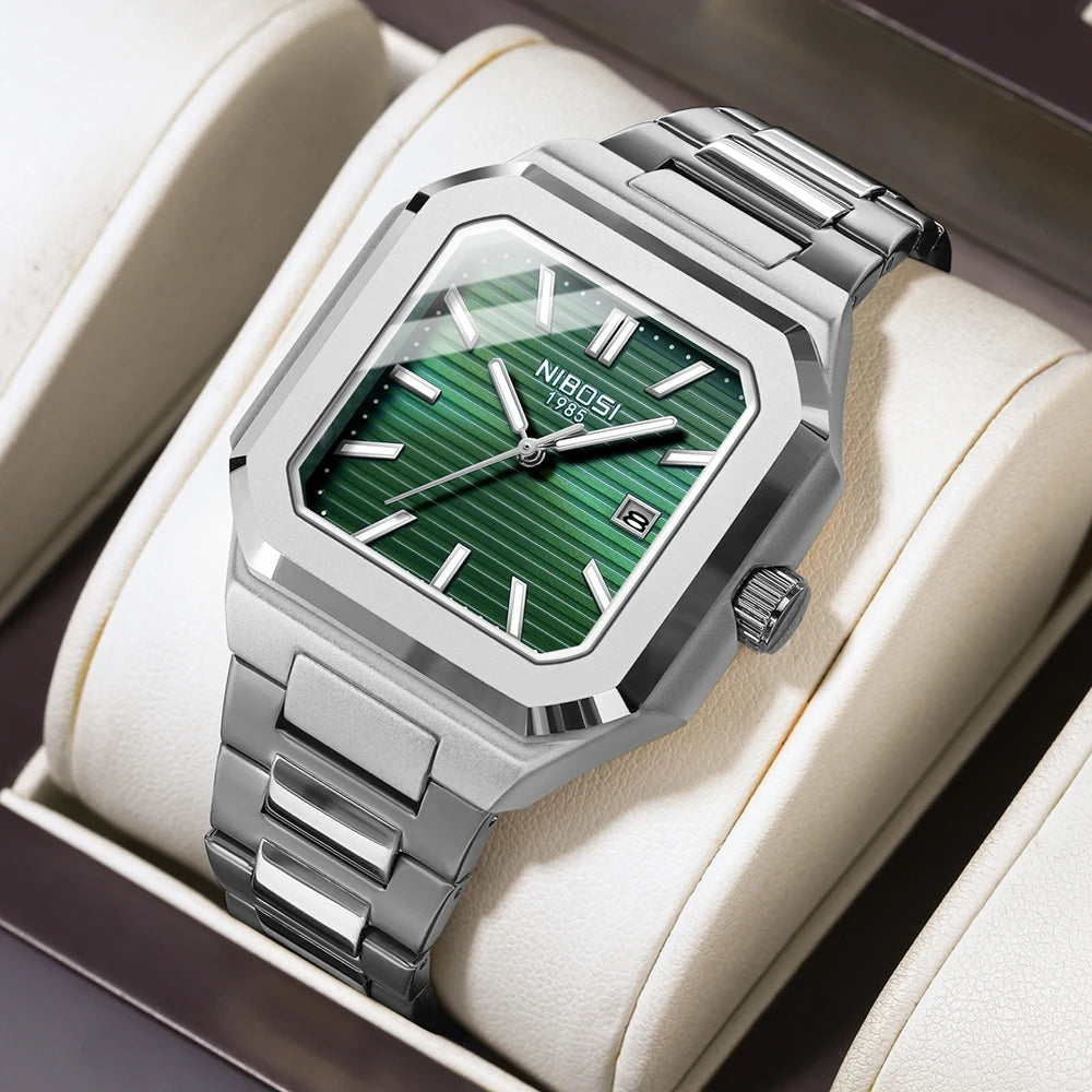 Marca NIBOSI, Reloj cuadrado a la moda, relojes de cuarzo de lujo de acero inoxidable para Hombre, Reloj luminoso resistente al agua para Hombre de negocios, Reloj para Hombre