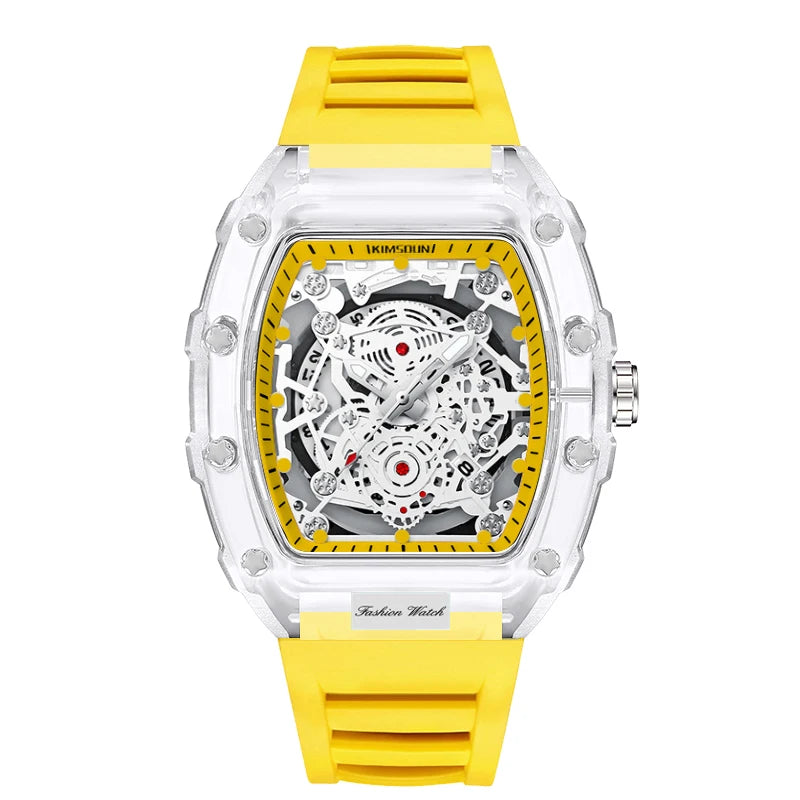 Reloj de cuarzo de silicona con forma de barril personalizado luminoso con calendario de alta gama, reloj transparente de moda para hombre