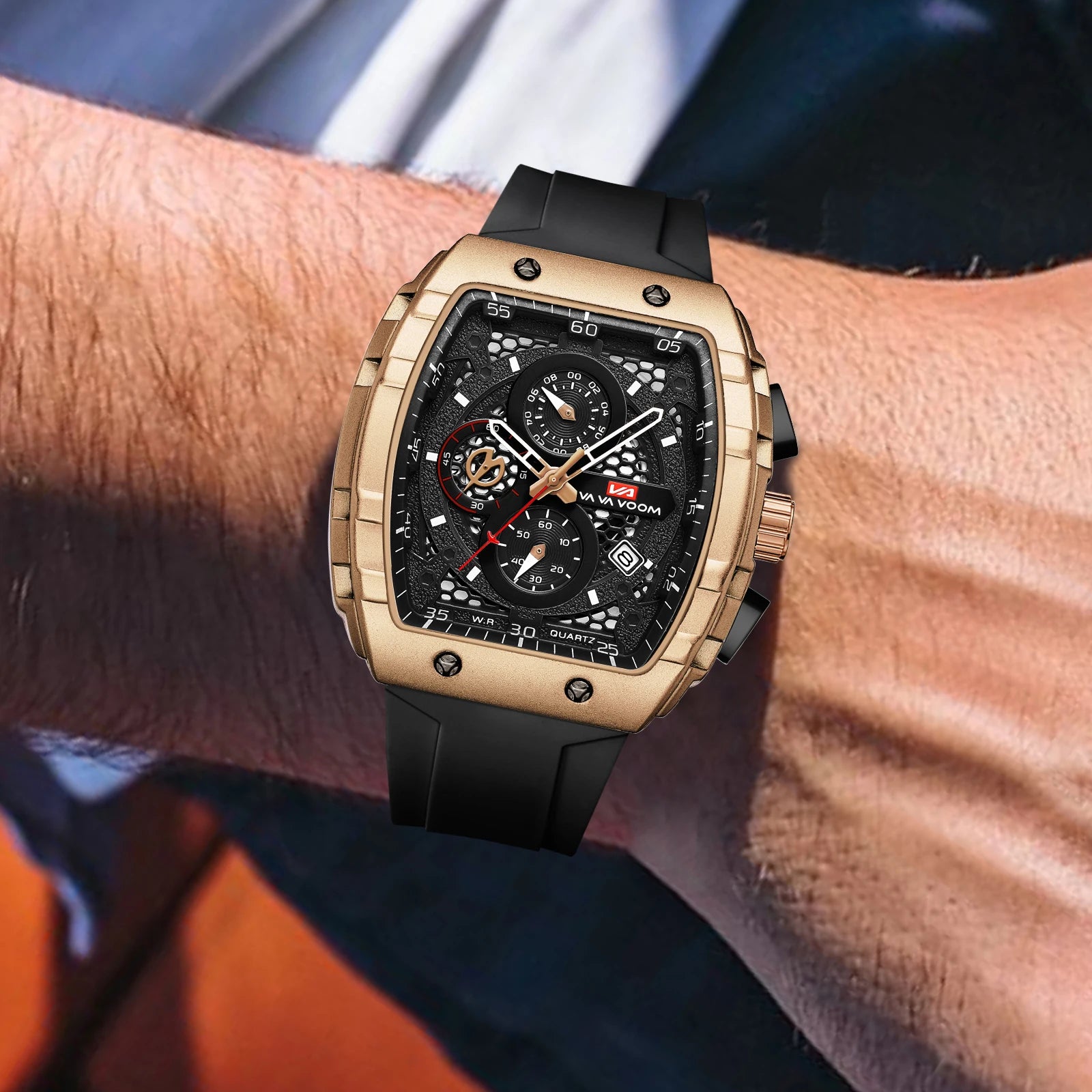 Reloj VAVA multicolor en forma de barril para hombre, correa de silicona, esfera multifunción, calendario, caja de aleación, deporte de cuarzo, resistente al agua 3ATM