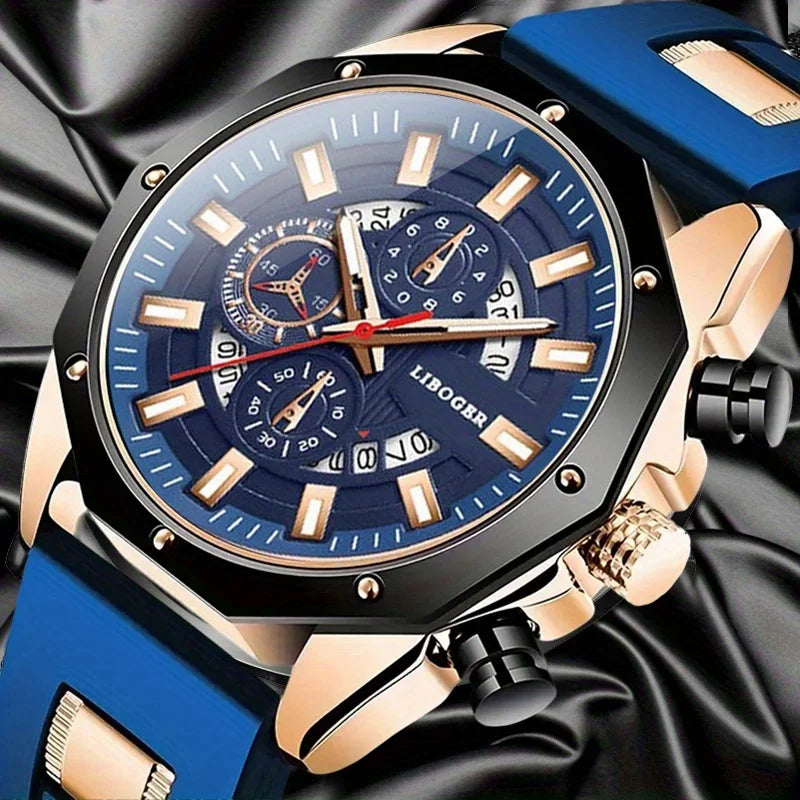 Reloj deportivo de silicona de negocios para hombres, moderno y popular, reloj de pulsera de cuarzo con esfera grande y calendario automático de alta gama para hombres.
