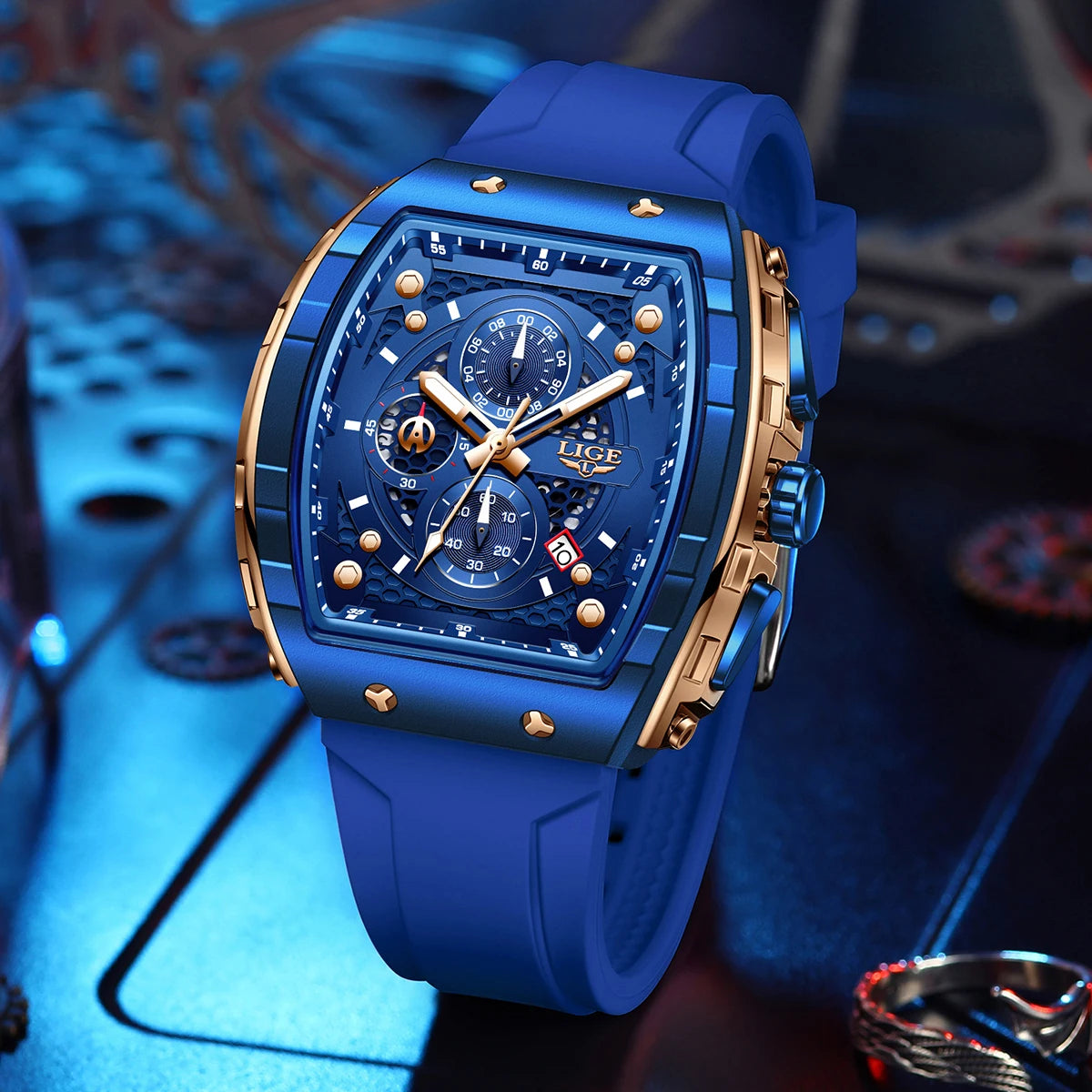 Relojes LIGE resistentes al agua para hombre, marca Original, reloj de pulsera cuadrado de silicona de lujo para hombre, cronógrafo militar de moda para hombre