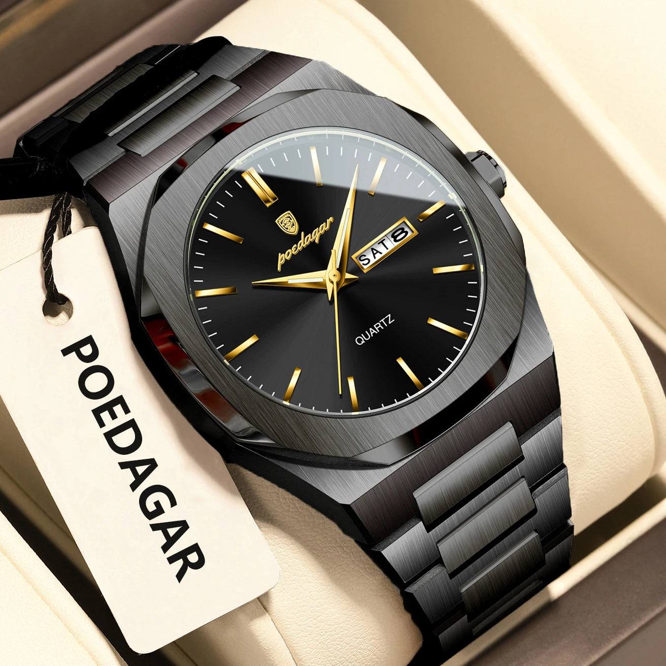 Reloj POEDAGAR de marca a la moda para hombre, relojes luminosos resistentes al agua de acero inoxidable para hombre, Reloj informal de cuarzo con fecha y semana para hombre