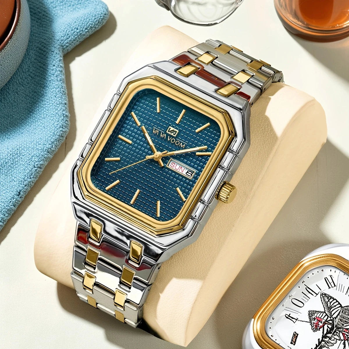 Reloj VA VOOM de la mejor marca para hombre, reloj dorado de lujo con movimiento de cuarzo cuadrado, reloj de acero inoxidable, reloj de negocios con calendario Original para hombre